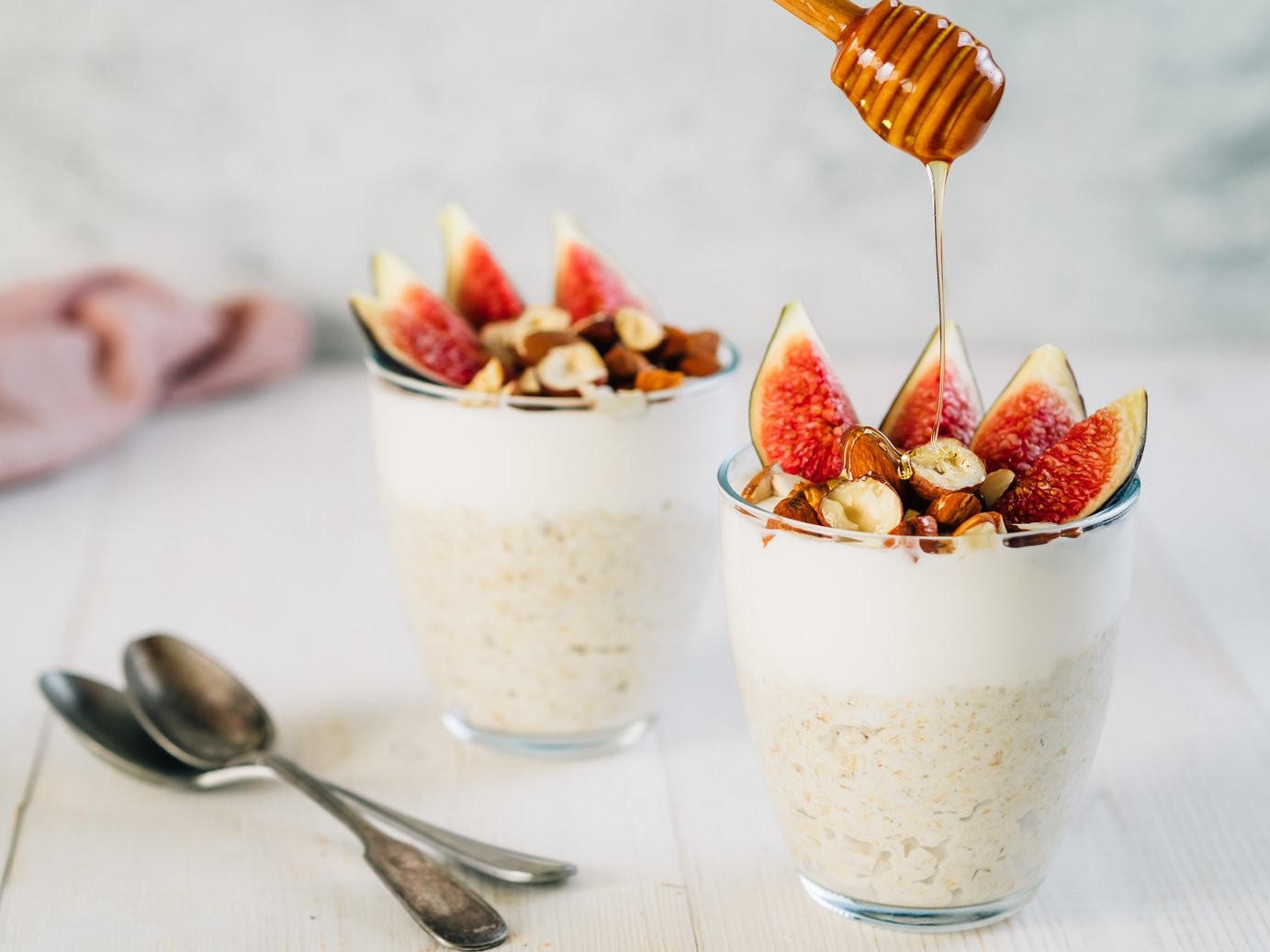 Overnight oats with yogurt, figs, nuts, honey